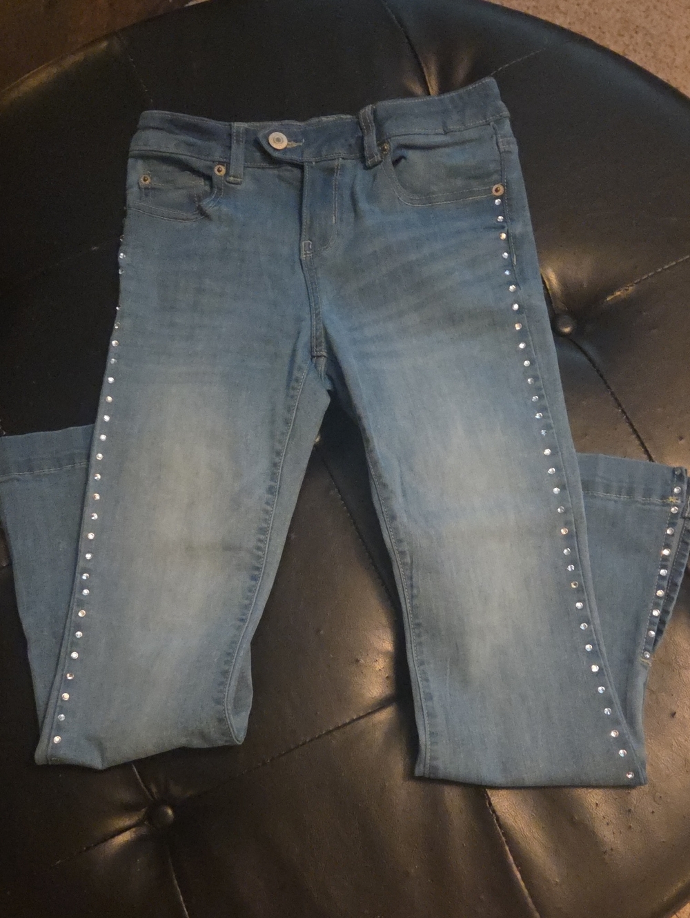 Girls' Light Denim Skinny Jeans with Side Rhinestone Trim